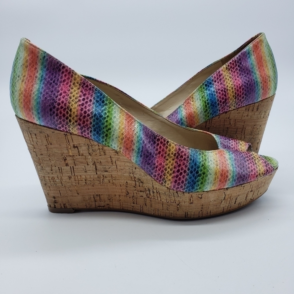 nine West women US 9 rainbow wedge heels Cheerful-30 open toe cork vegan PRIDE